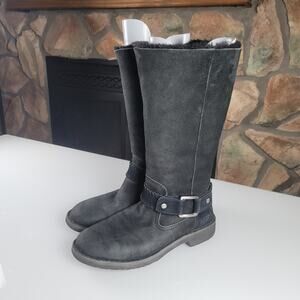 UGG Braiden Suede Leather Fold Over Shearling Boots in Black, sz 9